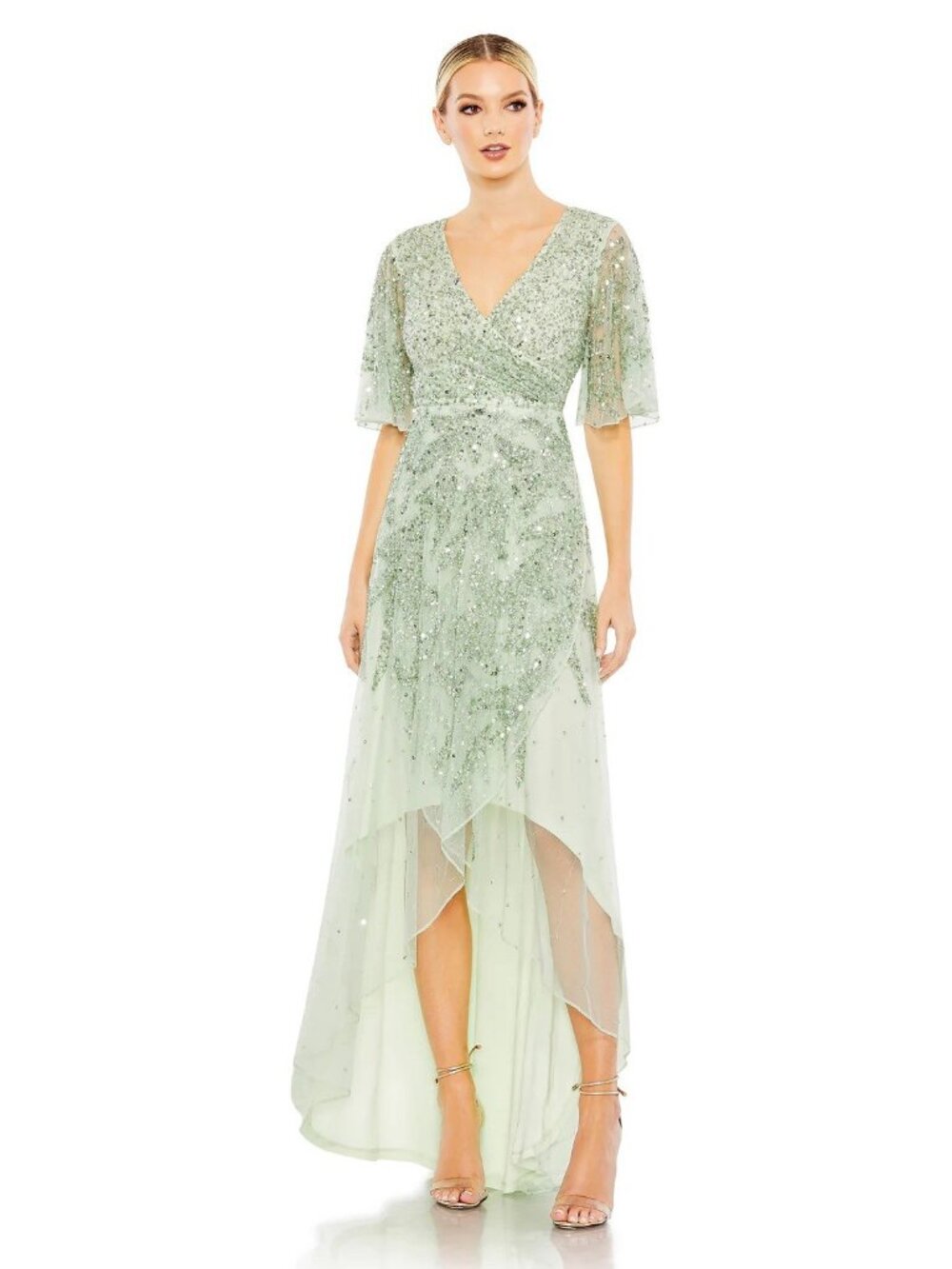 Mac Duggal Size 4 Sage Green 93681 Gown Sequined Butterfly Sleeve Cocktail NWT